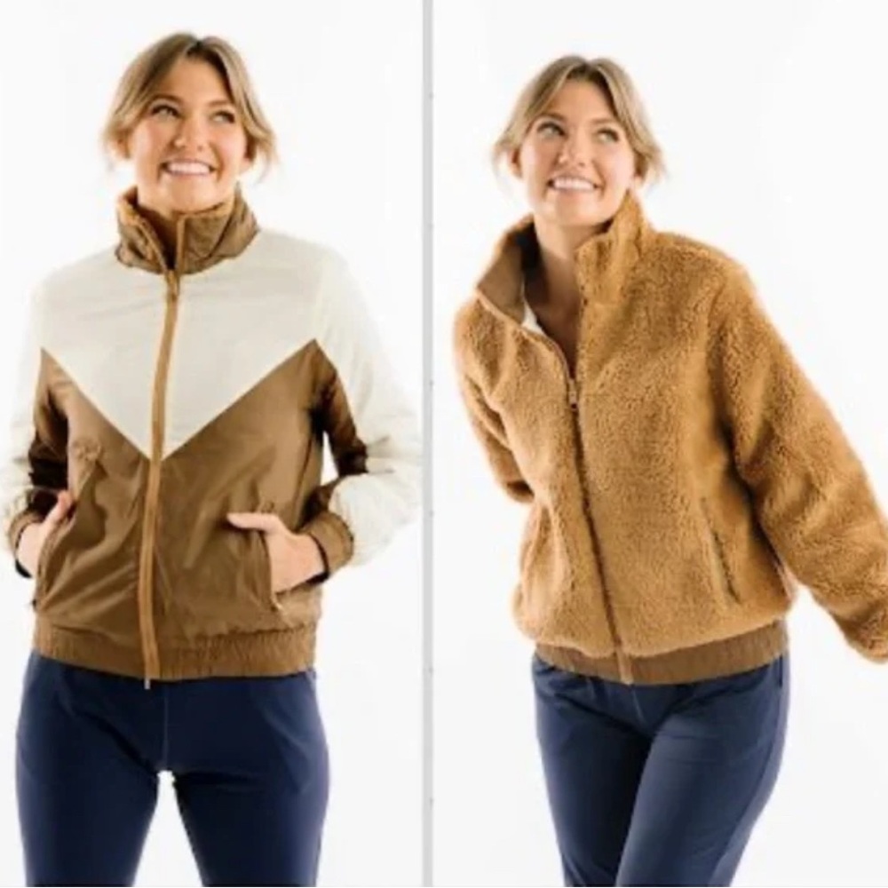 Zyia Camel Sierra Fleece Reversible Jacket in Brown and Cream Cozy Fall Winter